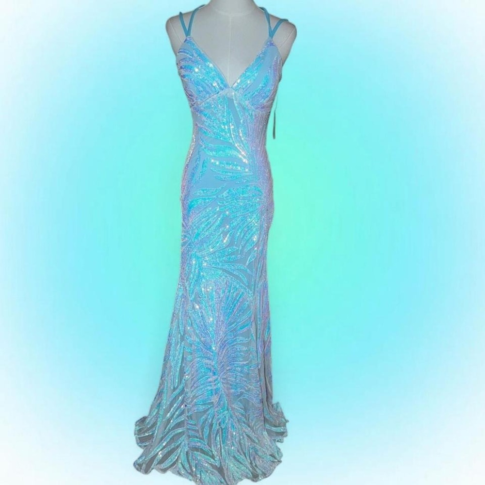 vintage fairy iridescent baby blue sequin maxi dress mermaid prom dress